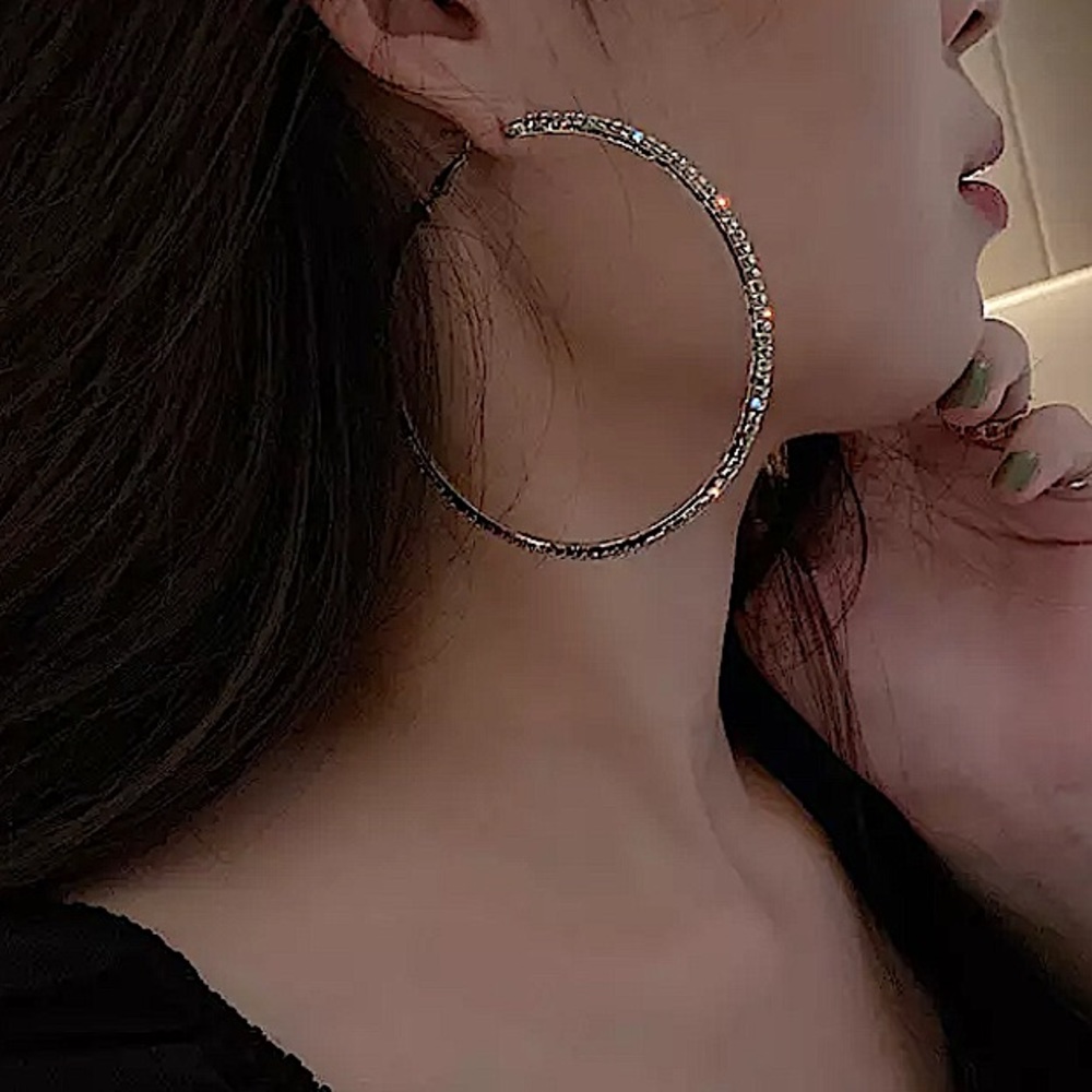 SILVER RHINESTONE HOOP EARRINGS - Picture 2 of 8